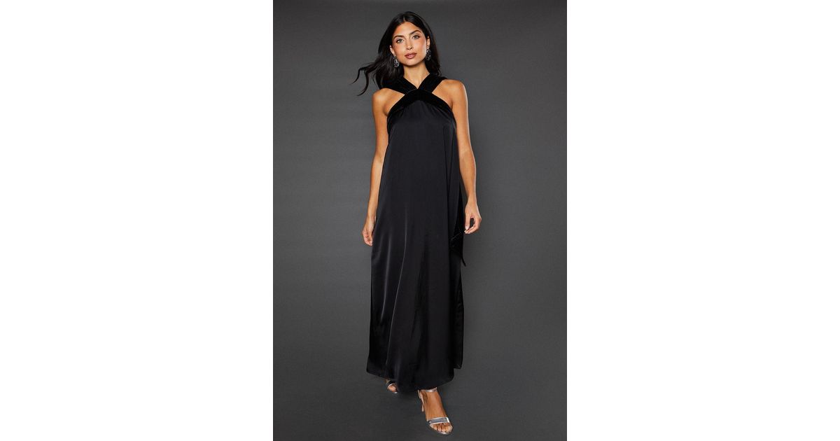 Wallis Velvet Halterneck Satin Maxi Dress in Black | Lyst UK