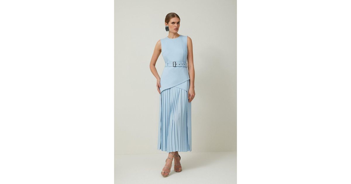 Karen Millen Ponte And Georgette Jersey Pleated Maxi Dress in Blue | Lyst UK