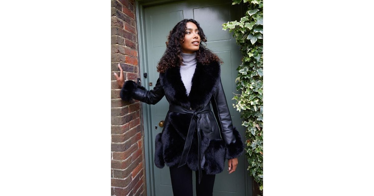 Blue Vanilla Panel Faux Fur Pu Belted Coat in Black Lyst UK