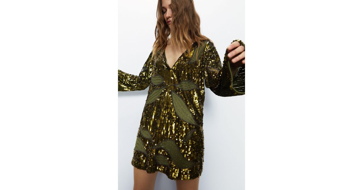 slim fit dress slacks Forest Green Sequin Puff Sleeve Mini Dress main image 1