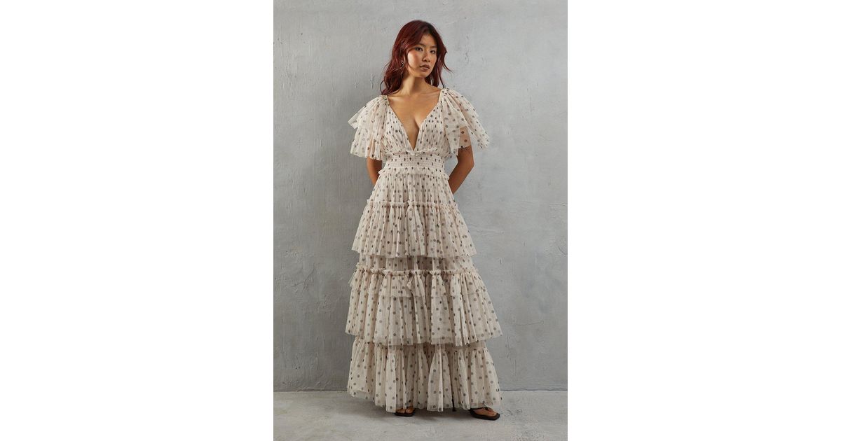 open lace back dress Embroidered Flutter Sleeve Gown 4 / Gold main image 1
