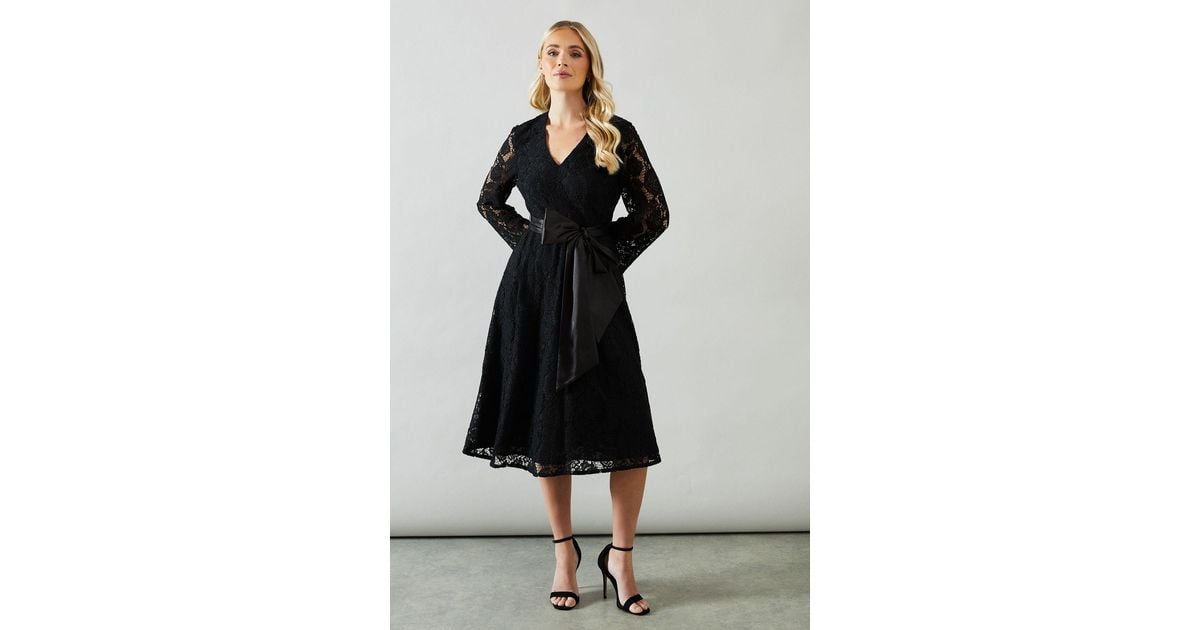 Wallis Petite Long Sleeve Satin Belt Lace Midi Dress in Black | Lyst UK Wallis Petite Long Sleeve Satin Belt Lace Midi Dress in Black | Lyst UK