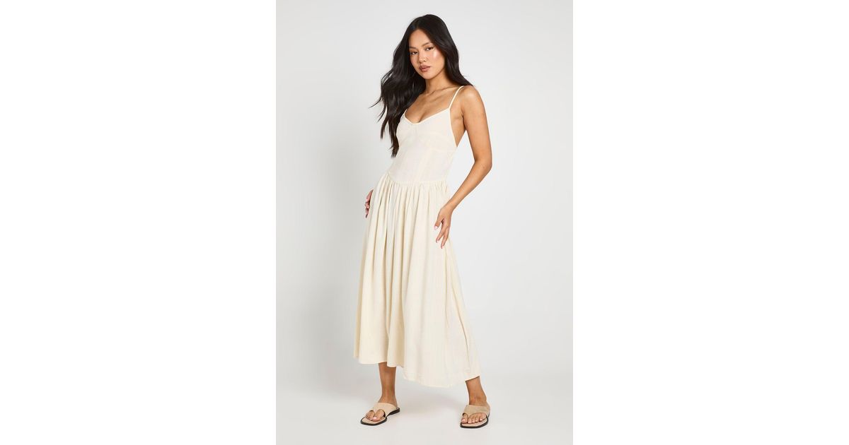Boohoo Petite Premium Linen Corset Detail Midi Skater Dress in Natural