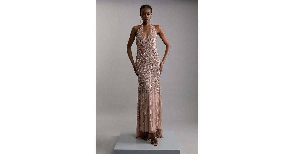 Karen Millen Metallic Embellished And Beaded Halter Maxi Dress in Grey |  Lyst UK