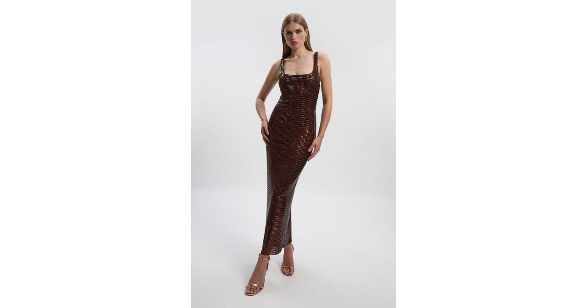 Karen Millen Petite Premium Crystal Embellished Jersey Midi Dress in Brown  | Lyst UK