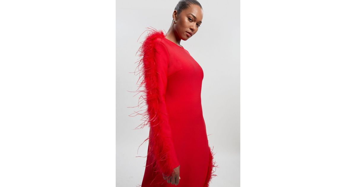 Karen Millen Plus Size Figure Form Bandage Knit Split Feather Hem Maxi Dress  in Red | Lyst UK
