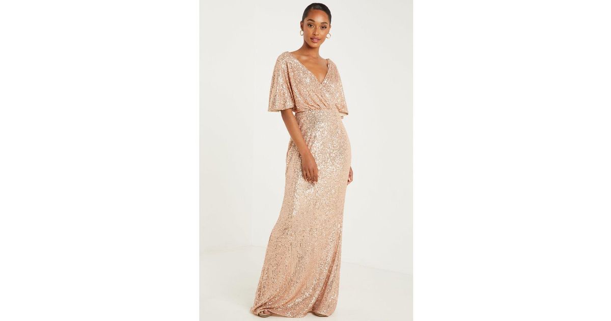 Quiz Champagne Sequin Wrap Maxi Dress in Natural | Lyst UK