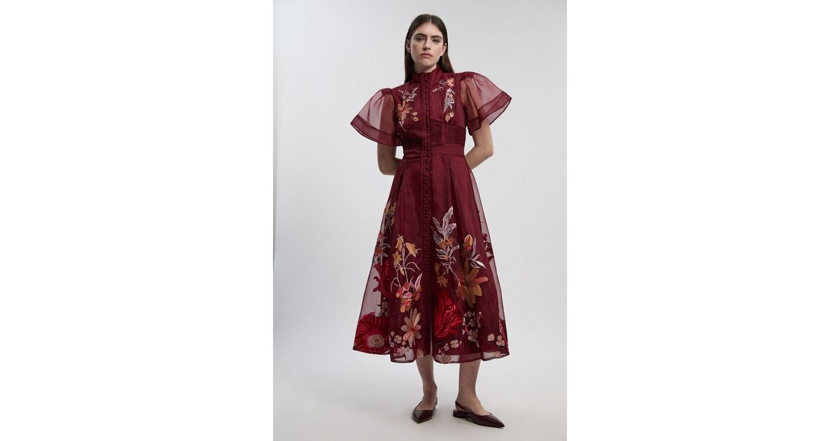 karen millen red embroidered dress Karen Millen Archive Embroidered Applique Organdie Woven Prom Dress in Red