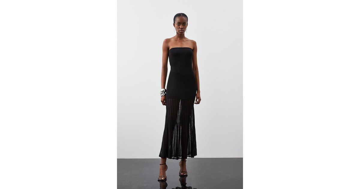 Karen Millen Viscose Blend Sheer Knit Bandeau Pleated Skirt Maxi Dress in  Black | Lyst UK