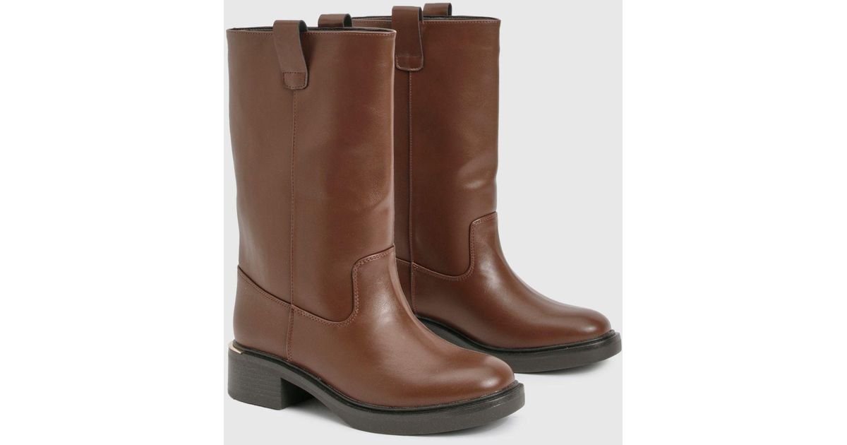 Boohoo Wide Fit Column Calf High Boots in Brown | Lyst UK