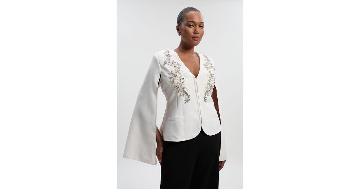 Karen Millen Plus Size Bandage Form Fitting Cape Sleeve Embellished ...