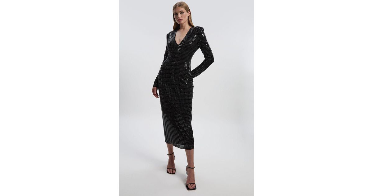 Karen Millen Premium Crystal Embellished Jersey Long Sleeve Plunge Neck Midi  Dress in Black | Lyst UK