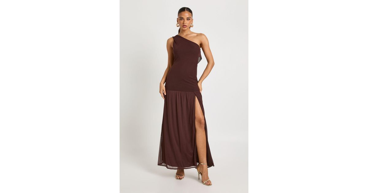 Boohoo One Shoulder Cowl Back Drop Waist Maxi Dress in Brown | Lyst UK
