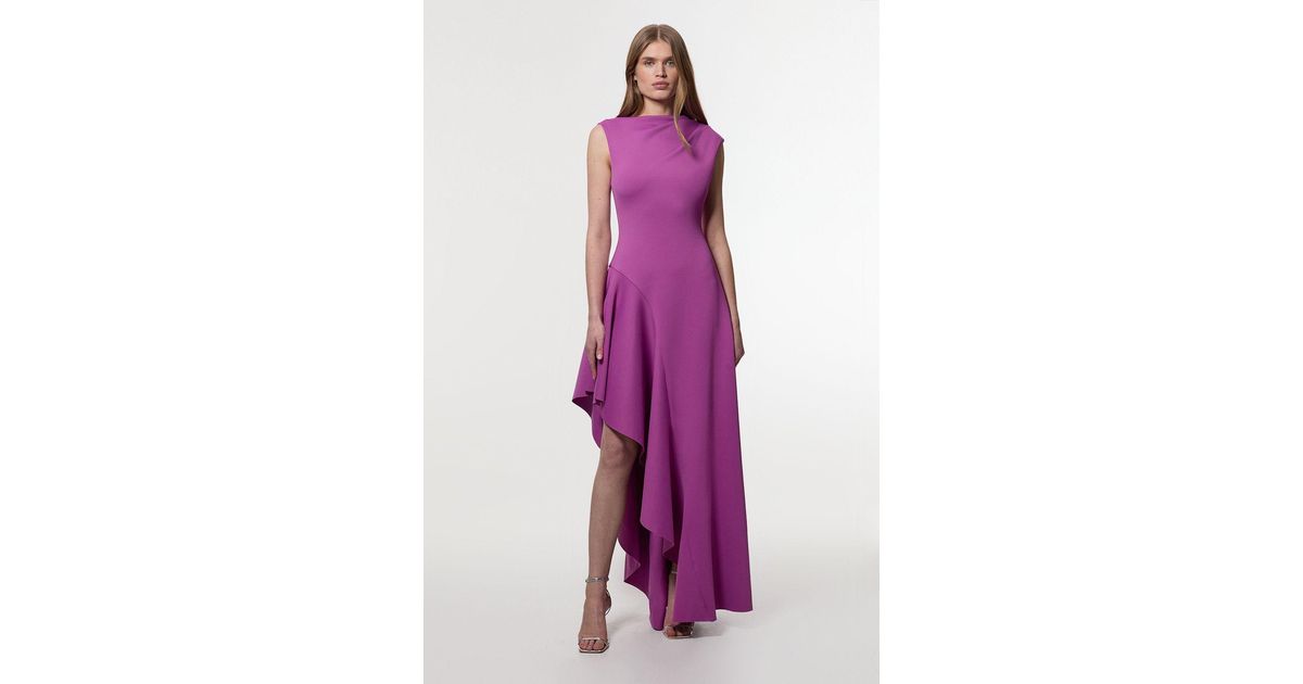 Karen Millen Scuba Drama Ruffle Hem Woven Maxi Dress in Purple