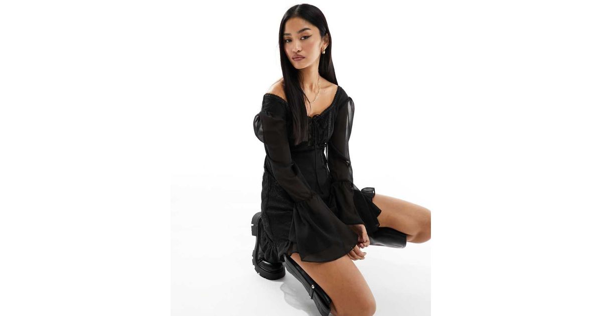 Miss Selfridge Chiffon Lace Mix Tie Front Mini Dress in Black | Lyst UK