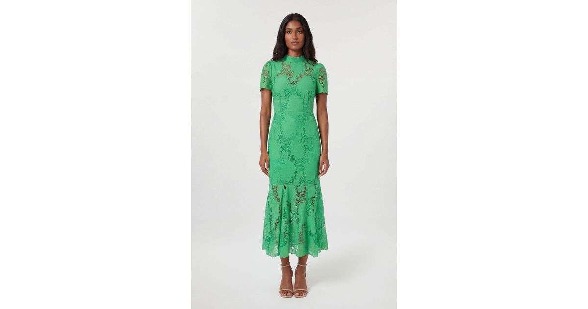 karen millen green lace dress Bright Green Lace High Neck Woven Midi Dress