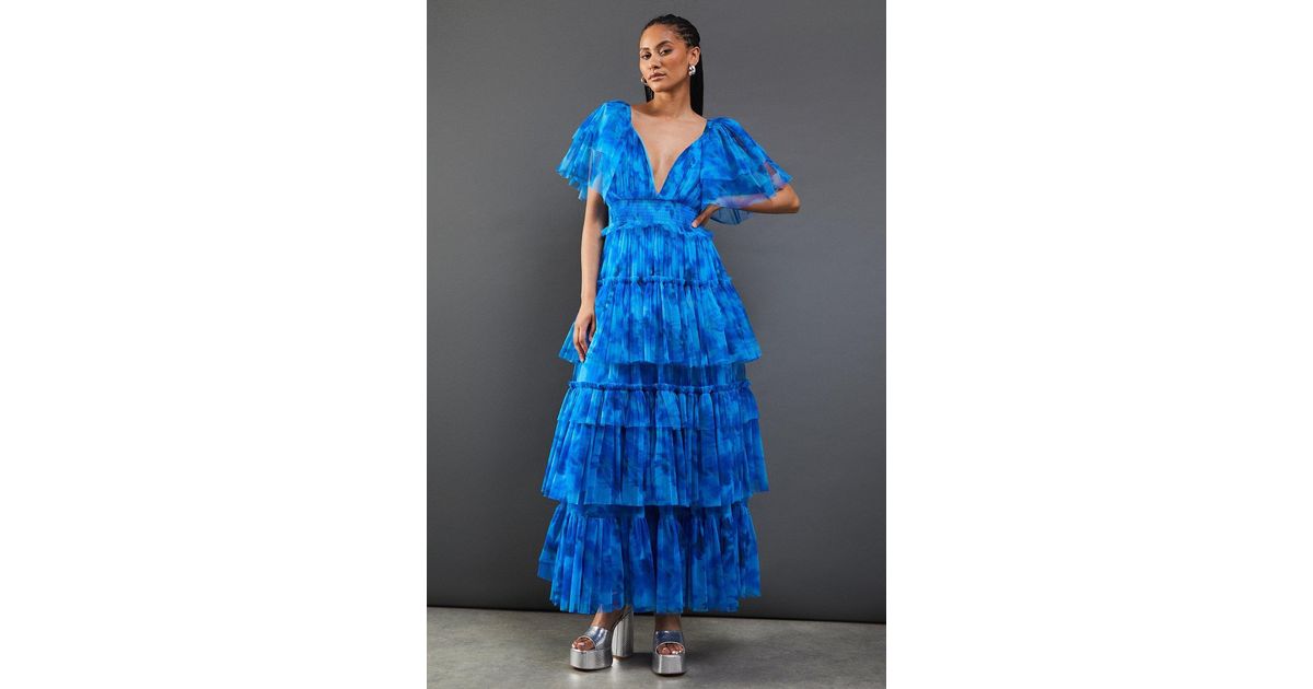 open lace back dress WAREHOUSE Tulle Floral Plunge Neck Flutter Sleeve Tier Maxi Dress, 6, Blue  : Amazon.co.uk: Fashion