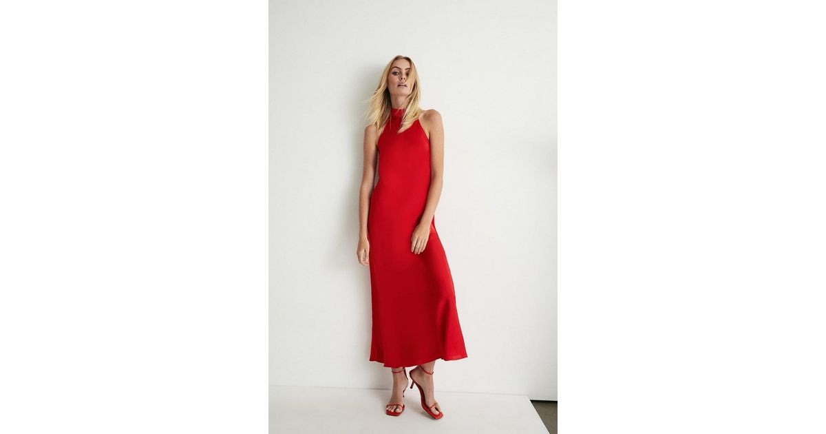 Warehouse Satin Halter Neck Backless Slip Dress in Red | Lyst UK