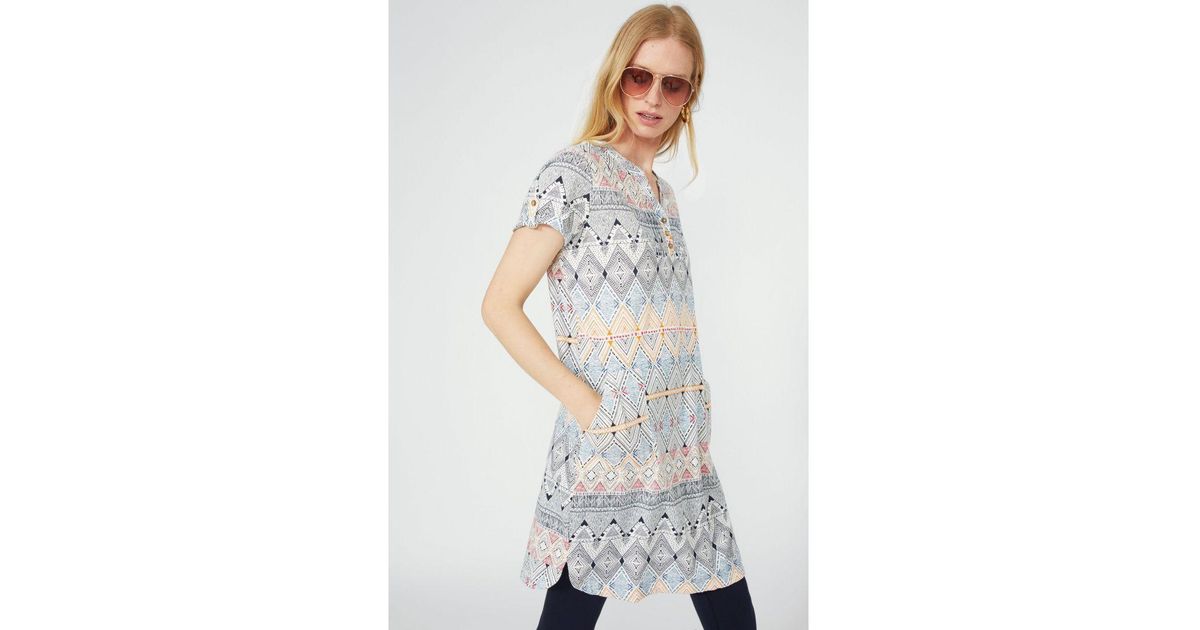 Mantaray Zig Zag Border Print Jersey Tunic Dress Cotton in White