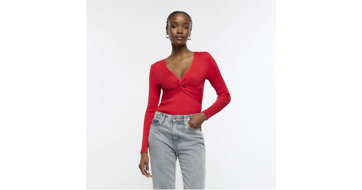River Island Wrap Top Red Front Knot Long Sleeve | Lyst UK