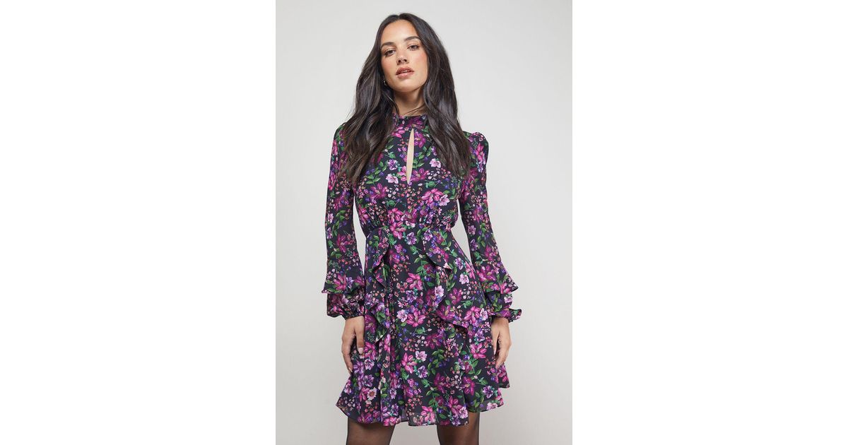 princess polly baby blue dress Oasis Printed Ruffle Boho Fit And Flare Mini Dress in Purple main image 0