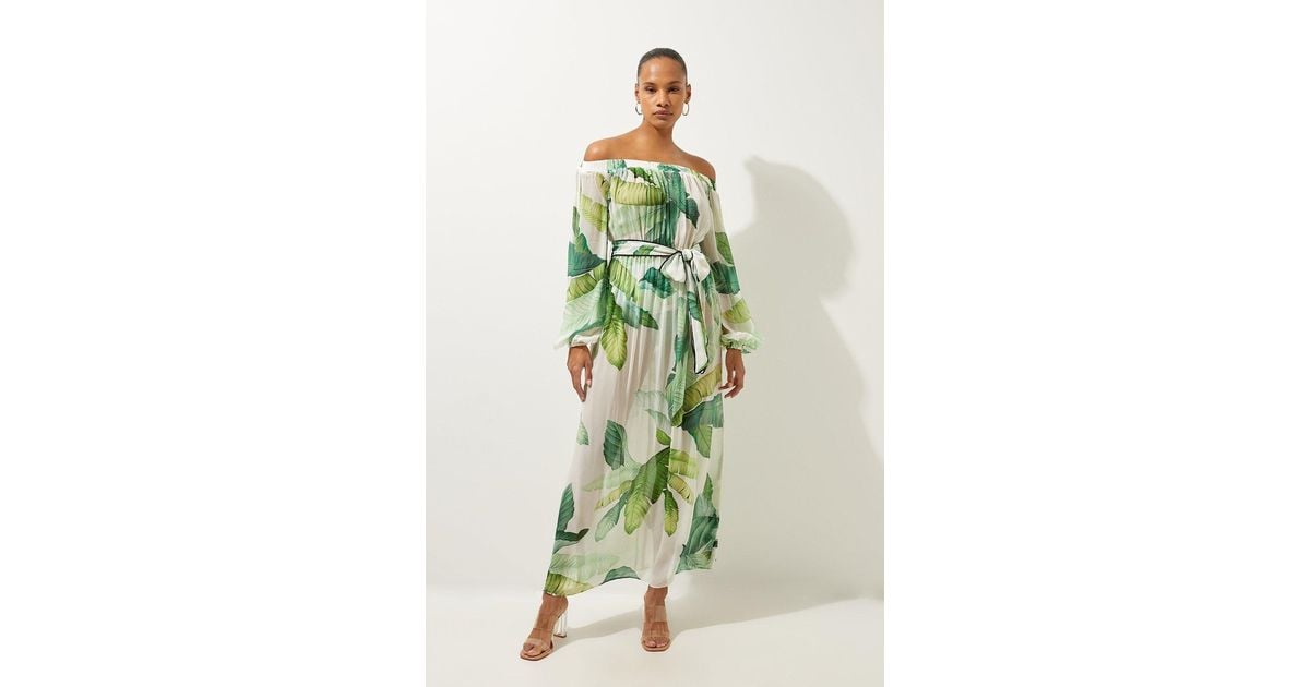 Karen Millen Tropical Palm Print Beach Off The Shoulder Maxi Dress