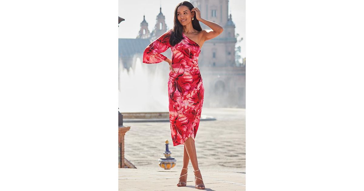 dewdrop floral red one shoulder midi dress Red One Shoulder Satin Midi Dress With 3D Flower | Mac Duggal