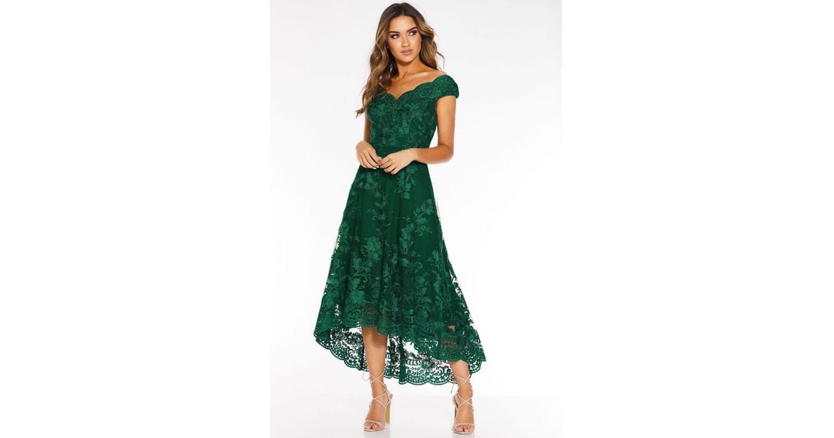 Quiz Bottle Green Embroidered Bardot Dip Hem Dress | Lyst UK Quiz Bottle Green Embroidered Bardot Dip Hem Dress | Lyst UK