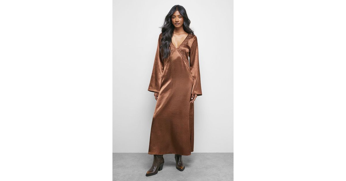 Warehouse Embroidered Satin Plunge Neck Flare Sleeve Midi Dress in Brown
