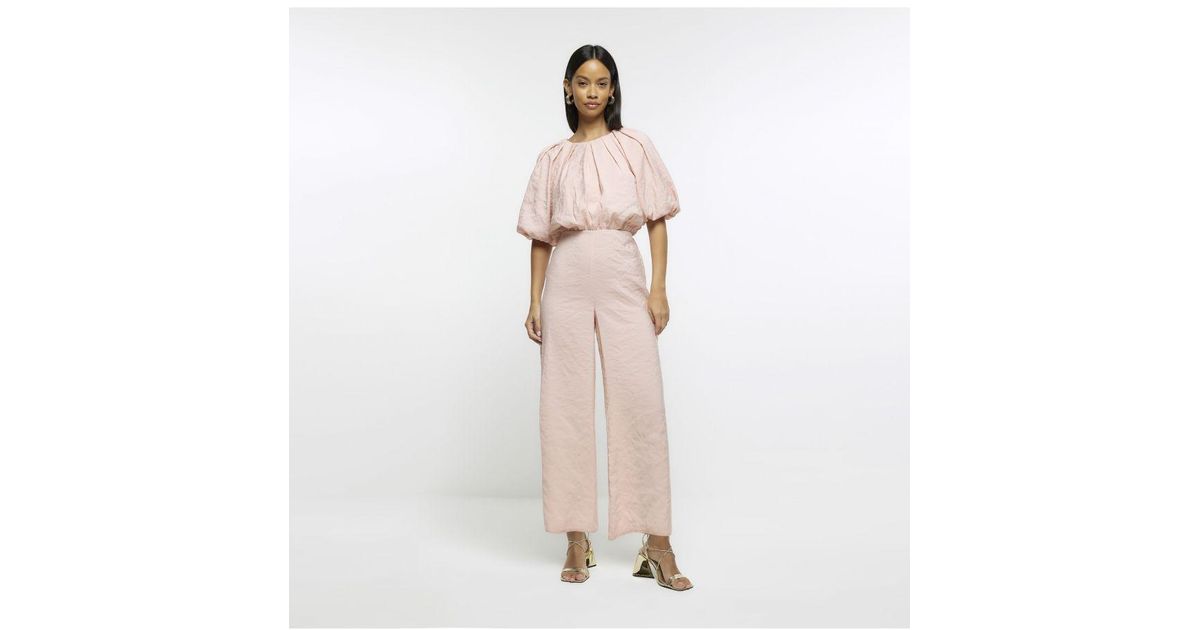 River Island Jumpsuit Pink Puff Ball Short Sleeve Cotton in White