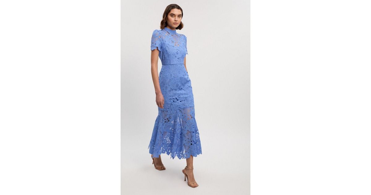 Karen Millen Guipure Lace High Neck Woven Midi Dress in Blue