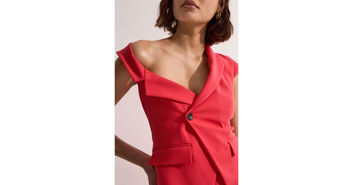Karen Millen Compact Stretch Asymmetric Collar Belted Full Skirted Tailored  Midi Dress | Lyst UK