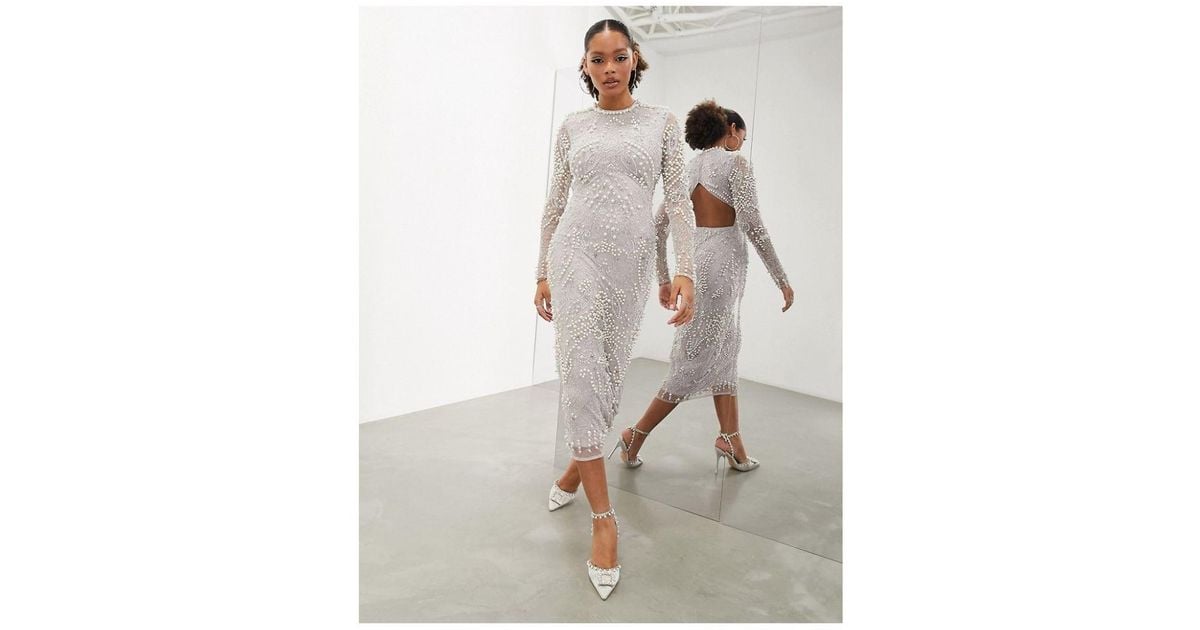 ASOS Pearl Embellished Bodycon Midi Dress With Cut Out Back in White Lyst UK