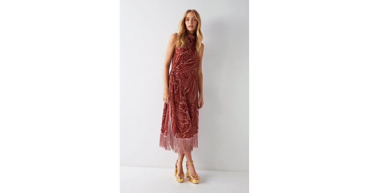 Warehouse Paisley Devore Fringe Halterneck Dress in Red | Lyst UK