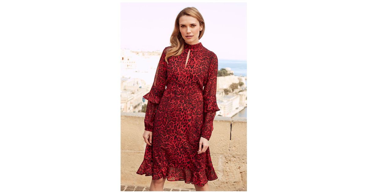 Sosandar Red Leopard Print Fit & Flare Ruffle Dress Lyst UK