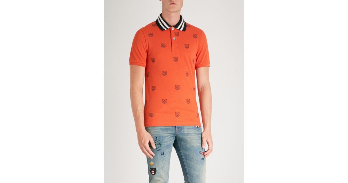 Gucci Tiger-embroidered Slim-fit Cotton-pique Polo Shirt in Orange for Men  - Lyst