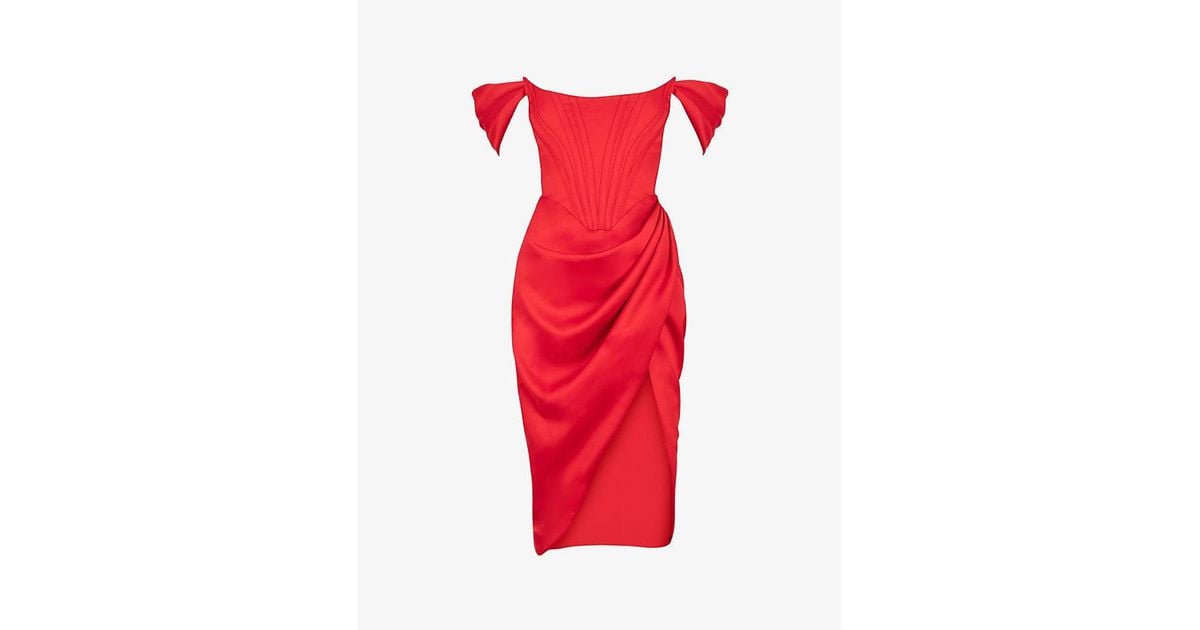 House Of Cb Loretta Offshoulder Satin Midi Dress in Red Lyst