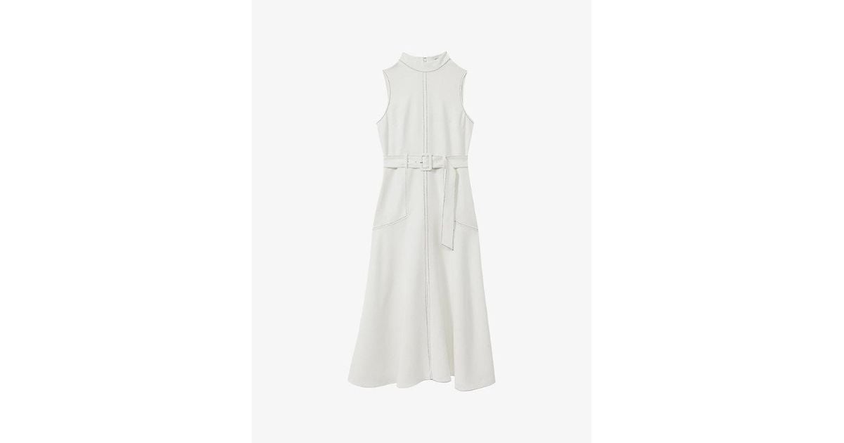 Reiss Thora High-Neck Belted-Waist Crepe Midi Dress in White Lyst UK