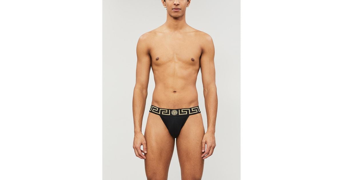 Versace Iconic Mid-rise Slim-fit Stretch-cotton Jockstrap in Black for