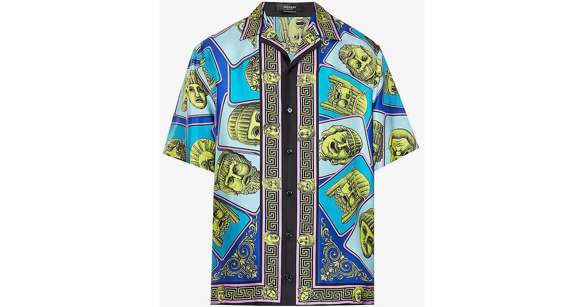 Versace Le Maschere Graphic-print Camp-collar Silk Shirt in Blue for Men |  Lyst