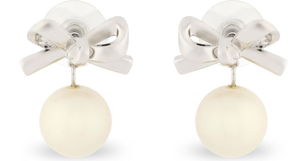 Lyst Kate Spade Mini Bow Pearl Drop Earrings In Metallic