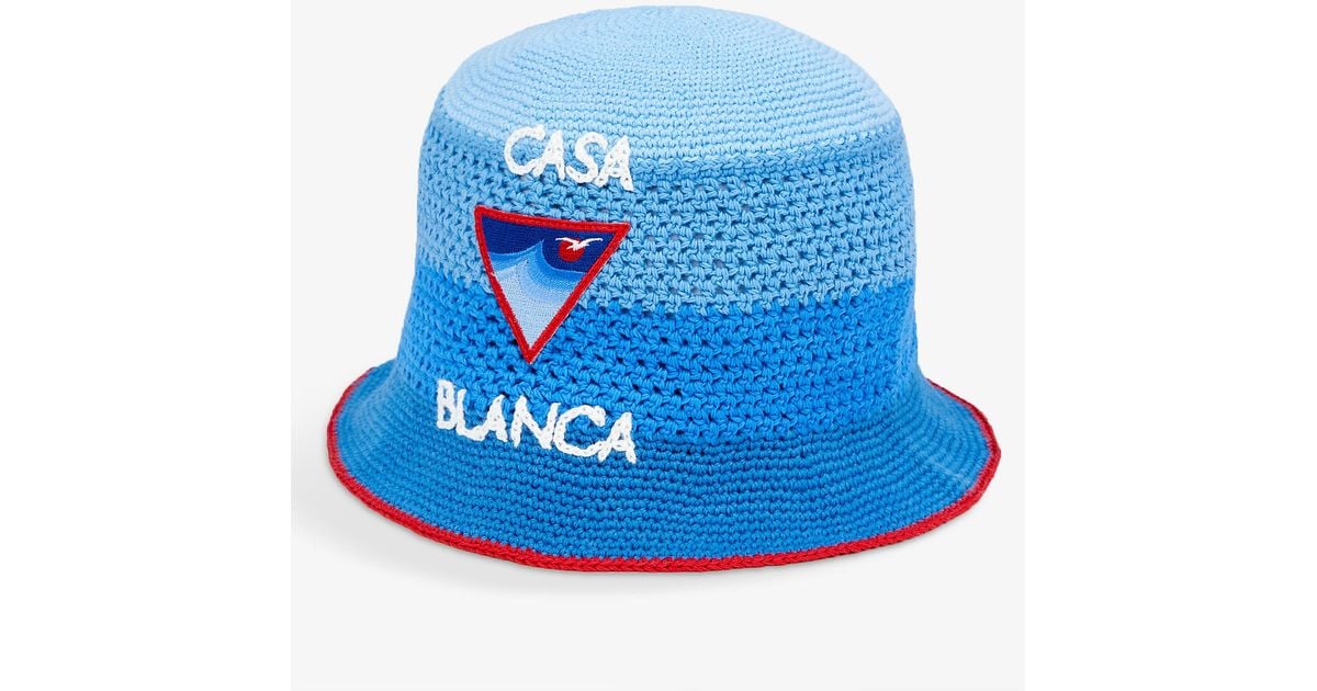 CASABLANCA Brandembroidered Widebrim Cottonknit Bucket Hat in Blue