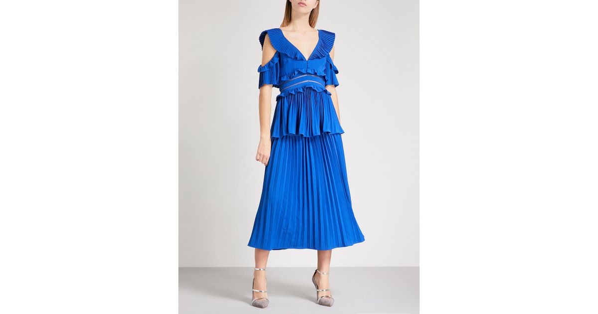 Self Portrait Pleated Crepe Midi Dress In Blue Lyst UK self-portrait-pleated-crepe-midi-dress-in-blue-lyst-uk