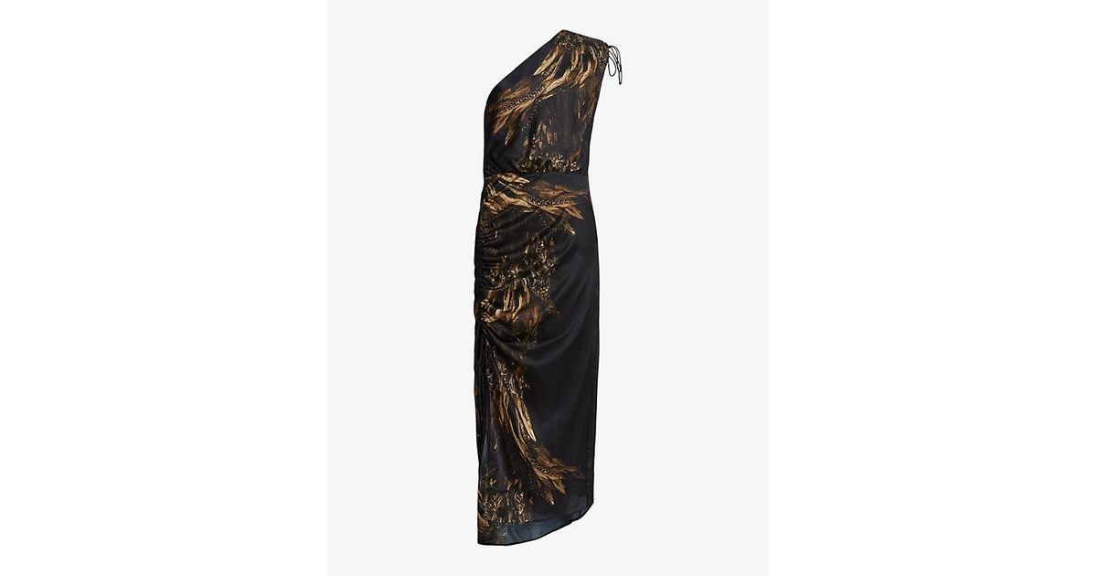 AllSaints Laura Feather-Print Silk-Blend Maxi Dress in Black | Lyst