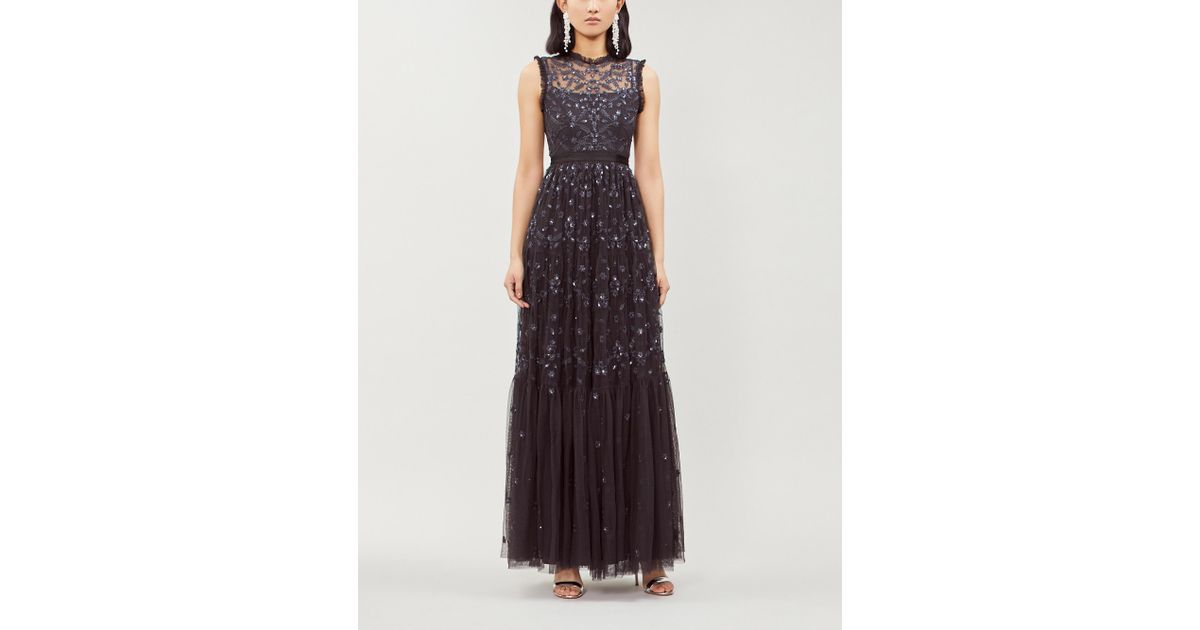 needle & thread embroidered lace maxi gown with high neck in graphite