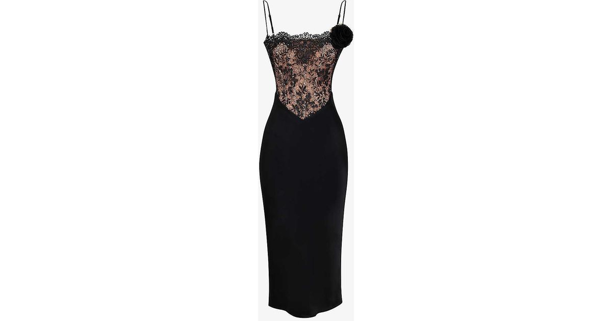 House Of Cb Nikita Corset Satin And Lace Midi Dress in Black Lyst