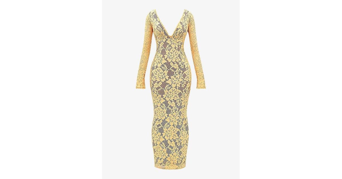 House Of Cb Indiana Plunge-Neck Stretch-Lace Maxi Dress in