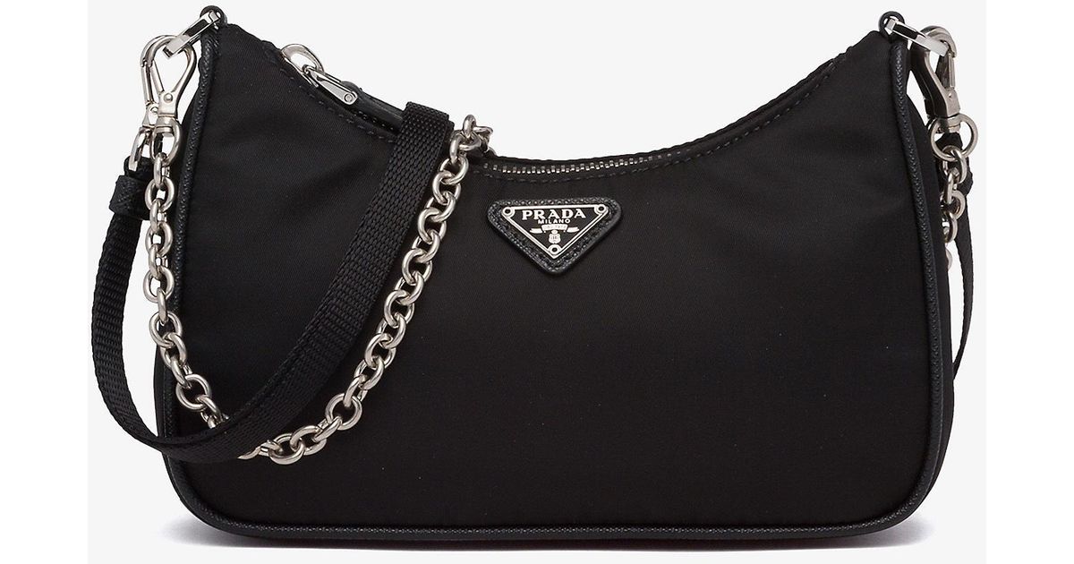 Prada Ladies Black Chain-embellished Leather And Re-nylon Shoulder Bag |  Lyst UK