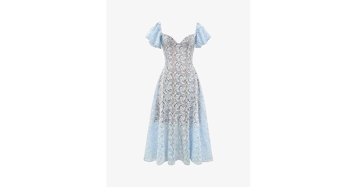 House Of Cb Austen Lace-Embroidered Flared-Sleeve Woven Midi Dress in Blue  | Lyst