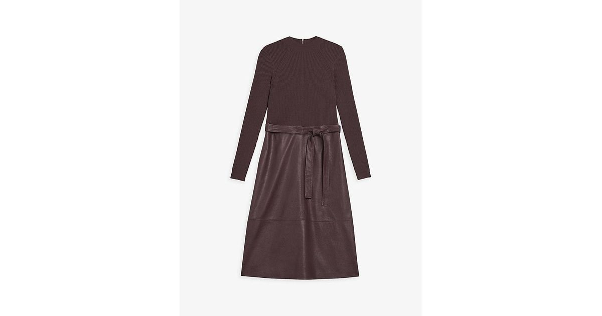 Ted Baker Alltaa Knitted And Faux-leather Midi Dress in Brown | Lyst